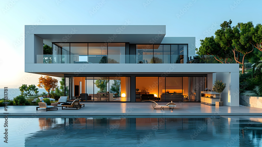 Fototapeta premium Modern House with Swimming Pool 3D Illustration