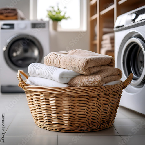 A laundry basket with towels in a bright, clean laundry room. _1(73)