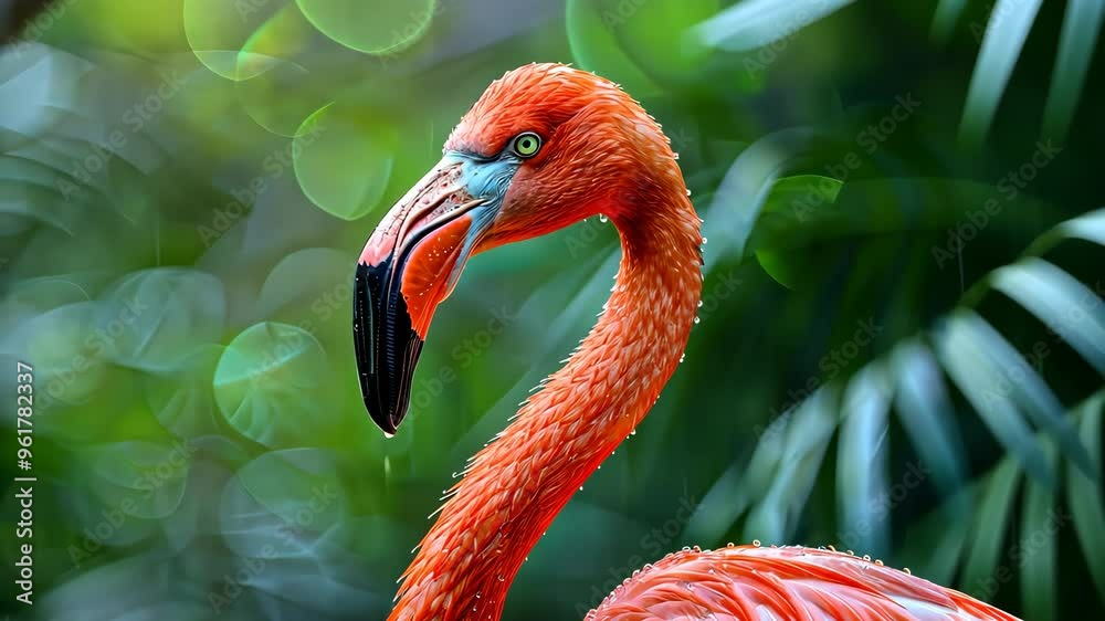Flamingo with vibrant plumage in lush greenery, vibrant wildlife scene