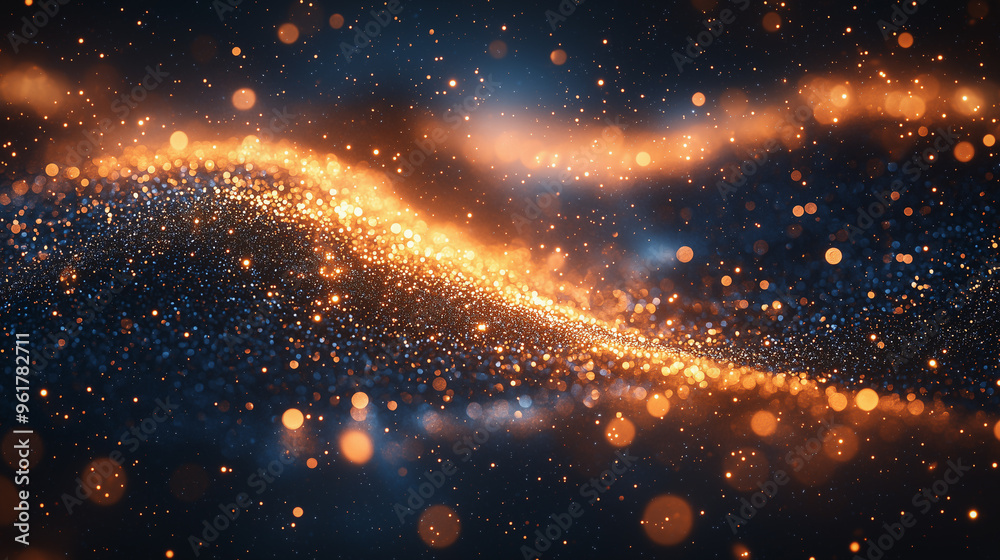 Golden particles swirling in dark space creating a dynamic abstract motion.
Golden particles swirling in dark space creating a dynamic abstract motion.
