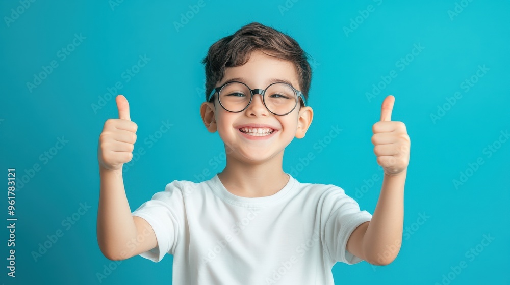 Cheerful boy with glasses giving thumbs up against a bright blue background, exuding happiness and positivity.