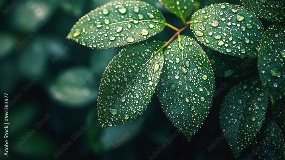Raindrops on fresh green leaves in a peaceful and natural environment.
Raindrops on fresh green leaves in a peaceful and natural environment.