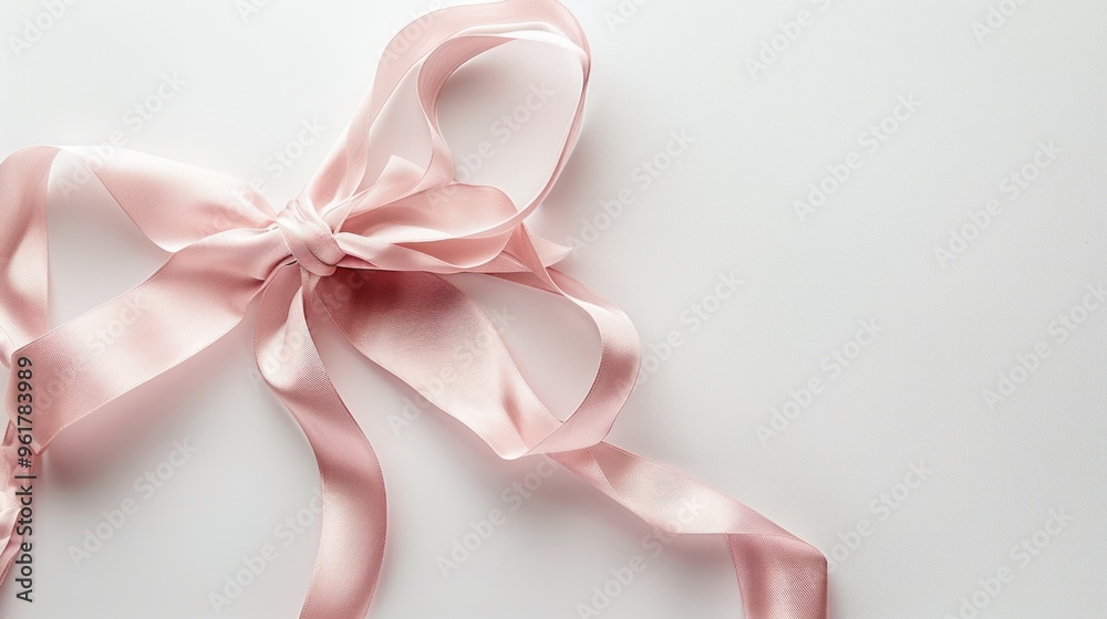 A delicate pink satin ribbon tied in a bow, resting on a plain white surface. A delicate pink satin ribbon tied in a bow, resting on a plain white surface.