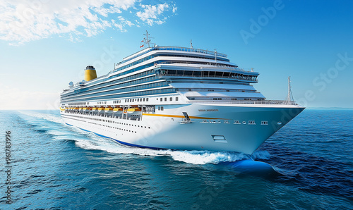 Luxury cruise ship sailing in the open ocean under clear blue skies. 