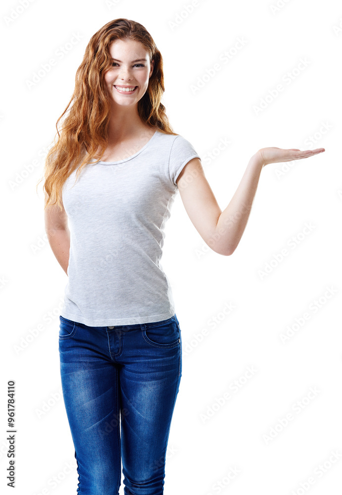 Student, portrait or hand in studio with offer, product placement or future scholarship. Girl, positive or gesture on white background space for decision, vote or choice for higher education funding Student, portrait or hand in studio with offer, product placement or future scholarship. Girl, positive or gesture on white background space for decision, vote or choice for higher education funding