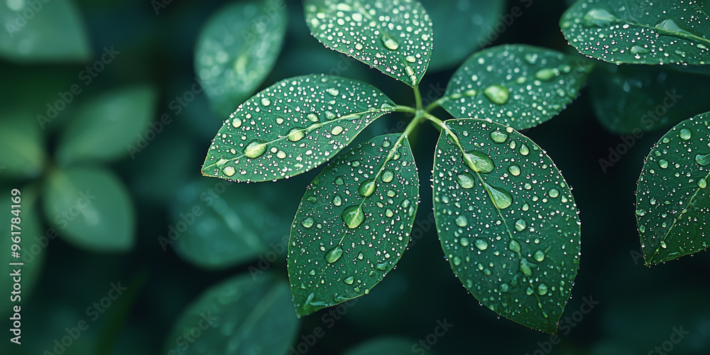 Raindrops on fresh green leaves in a peaceful and natural environment.
Raindrops on fresh green leaves in a peaceful and natural environment.