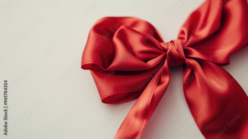 A vibrant red satin bow elegantly arranged on a light background, ideal for gift wrapping. A vibrant red satin bow elegantly arranged on a light background, ideal for gift wrapping.
