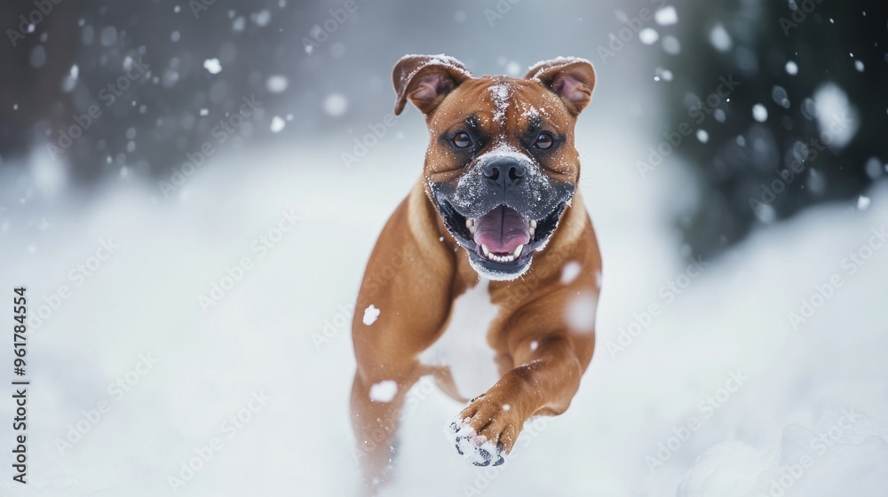 A joyful dog running through the snow, capturing the essence of winter playfulness. A joyful dog running through the snow, capturing the essence of winter playfulness.