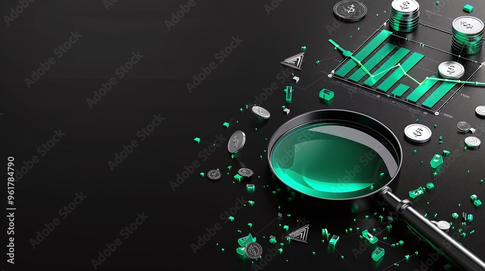 Obraz premium A magnifying glass on a black surface surrounded by green crystals and graphs, symbolizing analysis and discovery.