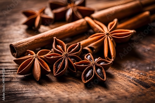 Christmas spices like cinnamon sticks, star anise, and cloves photo