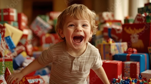 Candid shot of excited child surrounded by birthday gifts and party decorations in natural daylight