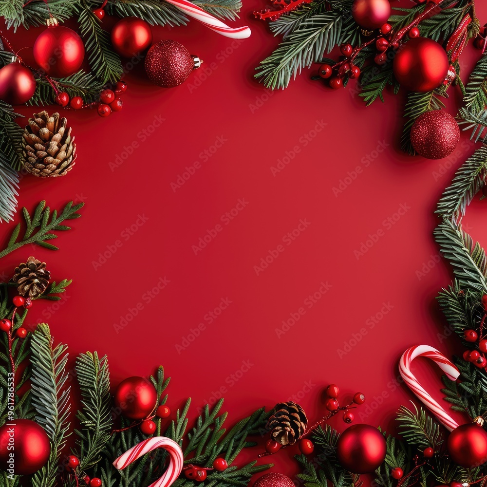 Christmas frame background with fir tree branches, red ball and candy cane on black table top view. New Year decoration concept. Flat lay. Christmas frame background with fir tree branches, red ball and candy cane on black table top view. New Year decoration concept. Flat lay.