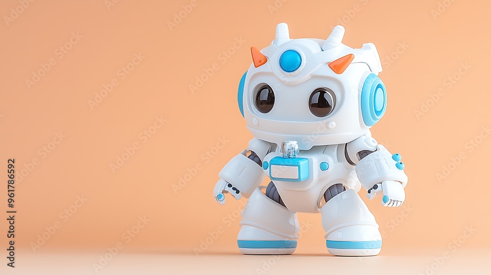 Cute robot showcasing an item, peach fuzz tone background with clean copy space, deep depth of field, sharp focus on all details Cute robot showcasing an item, peach fuzz tone background with clean copy space, deep depth of field, sharp focus on all details