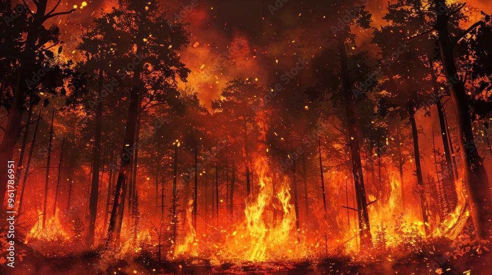 A forest engulfed in flames, illustrating the destructive impact of wildfires.