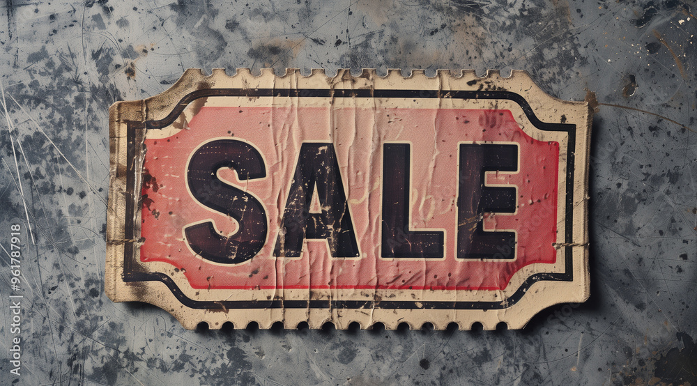 Obraz premium Vintage sale ticket with weathered edges on a textured metal surface. 