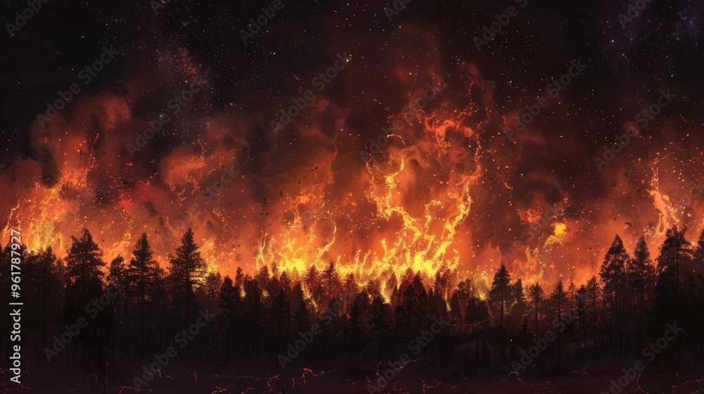 A dramatic depiction of a forest fire raging against a night sky. A dramatic depiction of a forest fire raging against a night sky.