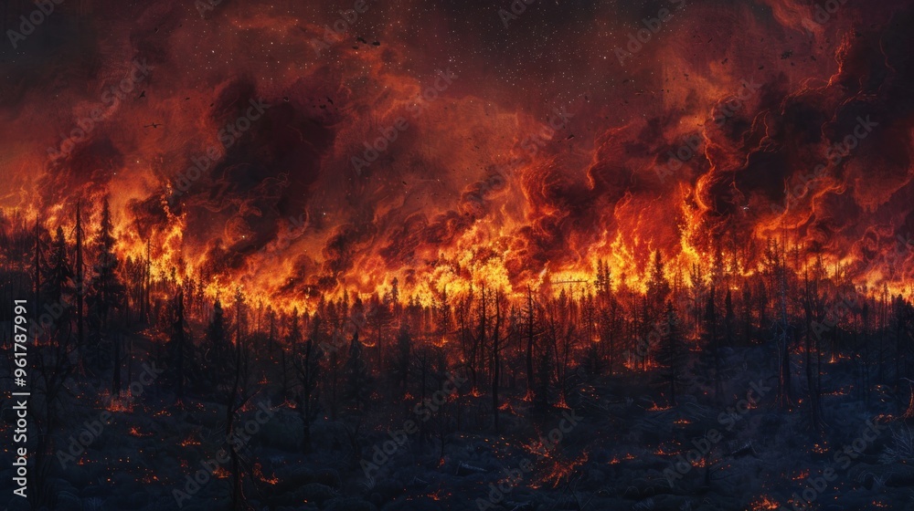 A dramatic depiction of a forest engulfed in flames, illustrating the impact of wildfires. A dramatic depiction of a forest engulfed in flames, illustrating the impact of wildfires.