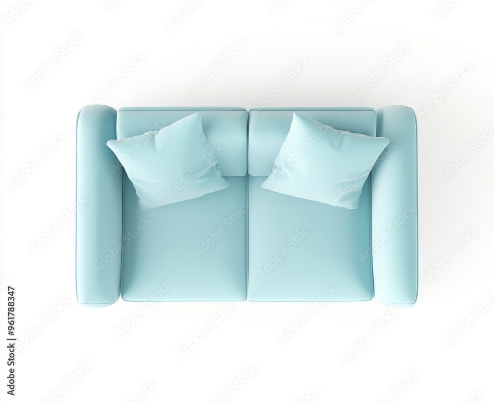 Detailed 3D illustration of a blue sofa with white pillows on a white background. Sofa top view plans shown in top view view design element isolated on a white background. Detailed 3D illustration of a blue sofa with white pillows on a white background. Sofa top view plans shown in top view view design element isolated on a white background.