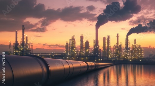 Industrial pipeline at sunset with petrochemical plant background, reflecting environmental energy and oil industry concepts, with copy space in the sky