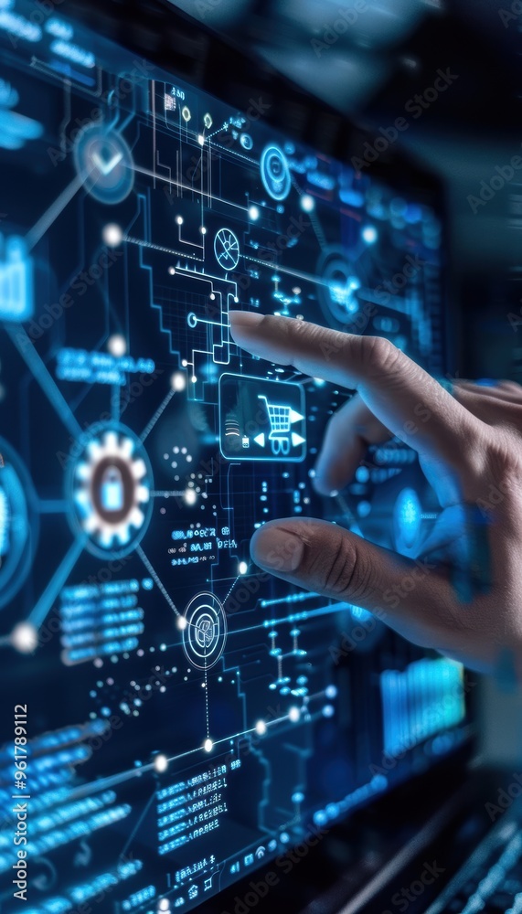 Hand interacts with digital interface displaying a complex network of data and information, symbolizing the power of technology to navigate and control the digital world. Hand interacts with digital interface displaying a complex network of data and information, symbolizing the power of technology to navigate and control the digital world.