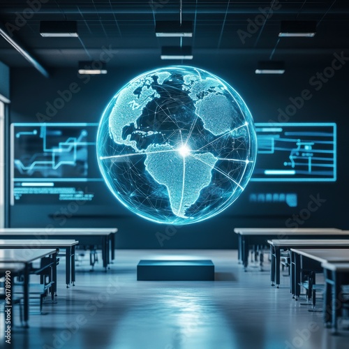 A futuristic classroom showcasing a glowing globe and data visuals for educational purposes.