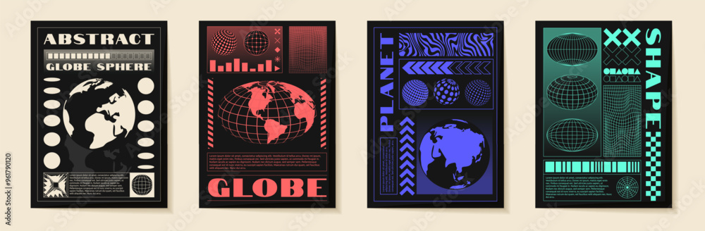 Fototapeta premium Techno poster design. Graphic for T-shirt. Earth planet. World retro map. Street wear typography. Acid rave mesh. 3D futuristic grunge print. Abstract wireframe. Vector garish banner templates set