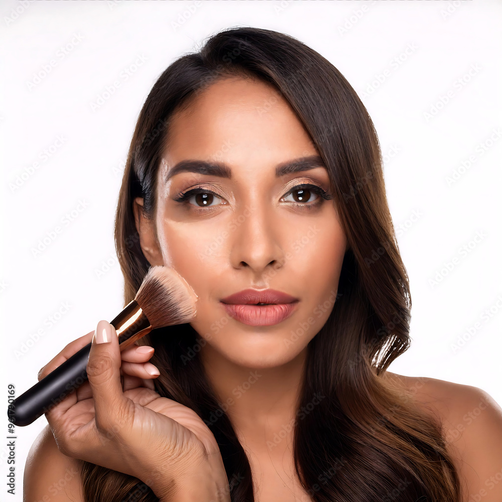 A woman applying foundation with a brush, captured in a studio setting. _1(189) A woman applying foundation with a brush, captured in a studio setting. _1(189)