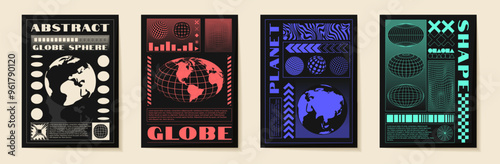 Techno poster design. Graphic for T-shirt. Earth planet. World retro map. Street wear typography. Acid rave mesh. 3D futuristic grunge print. Abstract wireframe. Vector garish banner templates set