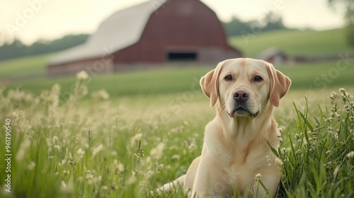 A Labrador retriever lying in a field with a barn in the background during golden hour.