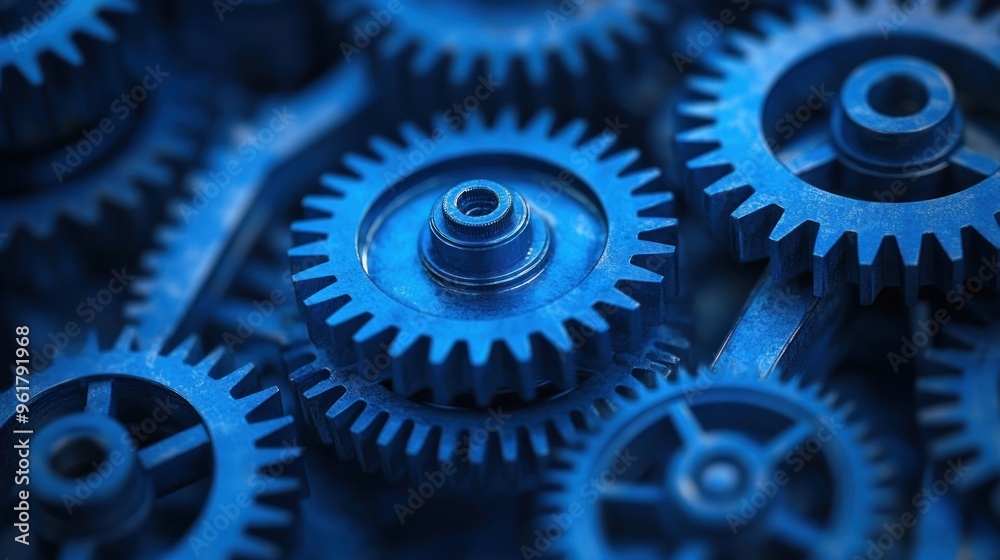 A close-up view of interlocking blue gears, showcasing mechanical design and engineering. A close-up view of interlocking blue gears, showcasing mechanical design and engineering.