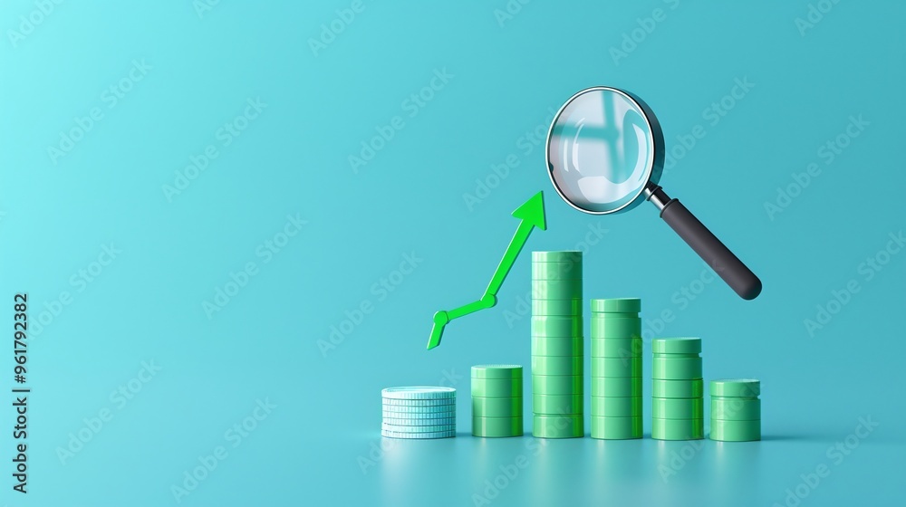 Business growth analysis with green coins and a magnifying glass, illustrating financial success and investment strategies. Business growth analysis with green coins and a magnifying glass, illustrating financial success and investment strategies.