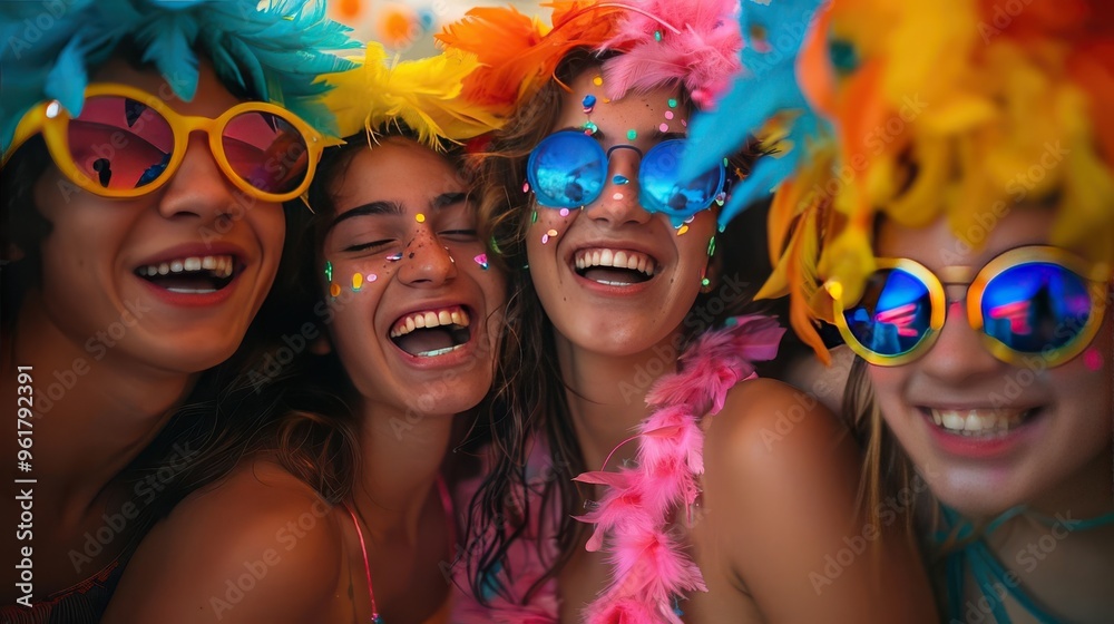 Group of friends at a festive celebration wearing colorful accessories, sunglasses, and feather boas, laughing and enjoying the moment. Group of friends at a festive celebration wearing colorful accessories, sunglasses, and feather boas, laughing and enjoying the moment.