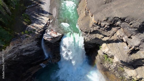 Ram Falls Provincial Park. Top cinematic aerial view. Alberta, Canada. Canadian wild nature and landscape from above. Canadian famous park photo