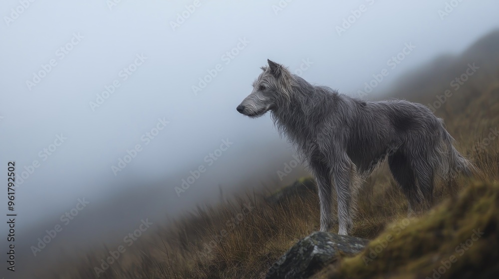Fototapeta premium A lone wolf stands on a rocky outcrop in a misty landscape.