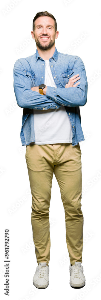 Handsome man with blue eyes and beard wearing denim jacket happy face smiling with crossed arms looking at the camera. Positive person. Handsome man with blue eyes and beard wearing denim jacket happy face smiling with crossed arms looking at the camera. Positive person.