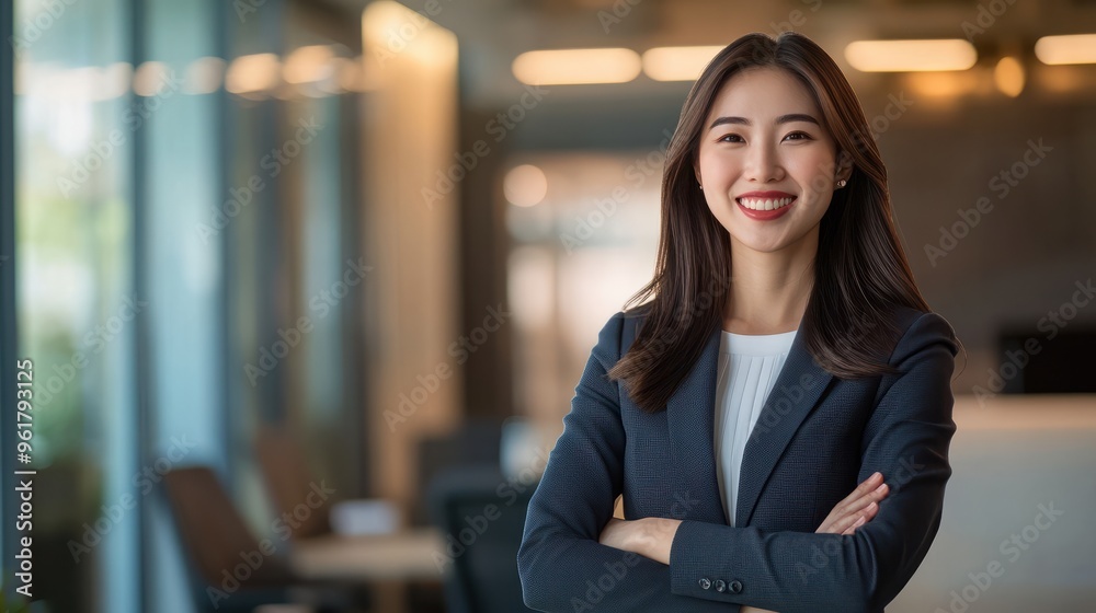 Young confident smiling Asian business woman leader, successful entrepreneur, professional company executive ceo manager, wearing suit standing in office with arms crossed. Made with generativ ai Young confident smiling Asian business woman leader, successful entrepreneur, professional company executive ceo manager, wearing suit standing in office with arms crossed. Made with generativ ai