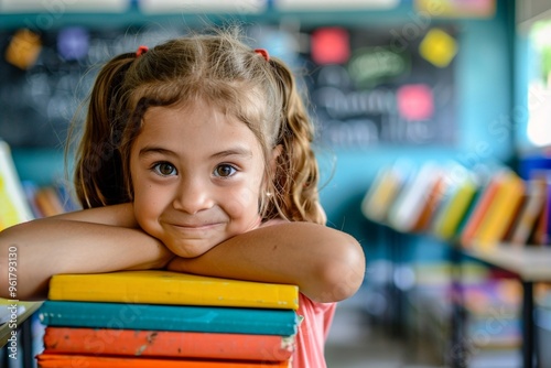 Joyful child curly hair enjoys learning library feeling colorful emotions. Engaged her surroundings cheerful child radiates positivity colorful academic setting. Vibrant colors of books symbolizing  photo