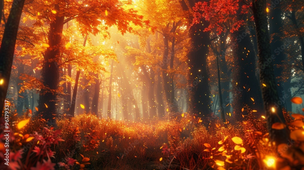 A forest in full autumn splendor, with bright red and orange leaves covering the trees and ground. The sunlight creates a warm, glowing effect, highlighting the vibrant colors of the season. A forest in full autumn splendor, with bright red and orange leaves covering the trees and ground. The sunlight creates a warm, glowing effect, highlighting the vibrant colors of the season.