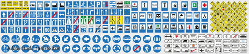Various signs. A large set of road signs. Road signs.