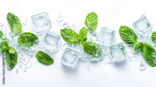 Close up transparent stack ice cubes with fresh mint leaves on white background. AI generated