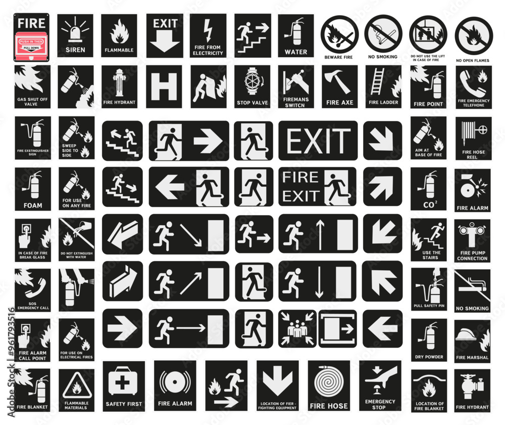 Fire signs in black colors. Actions in case of fire. Symbols of first ...