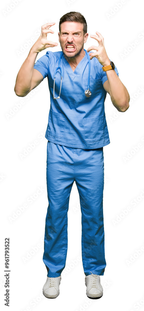 Handsome doctor man wearing medical uniform over isolated background Shouting frustrated with rage, hands trying to strangle, yelling mad Handsome doctor man wearing medical uniform over isolated background Shouting frustrated with rage, hands trying to strangle, yelling mad