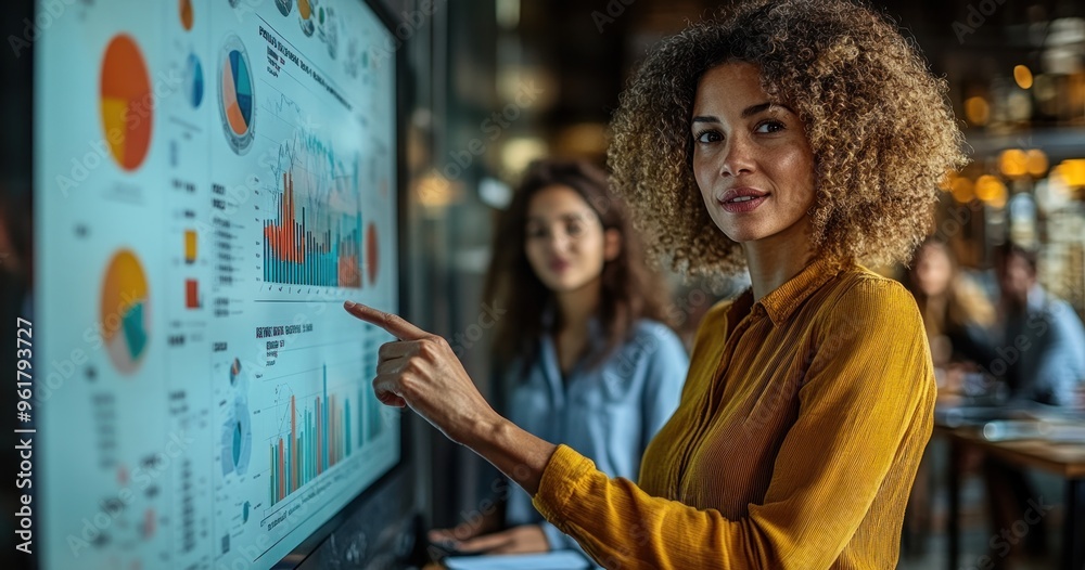 Businesswoman Presenting Data on a Large Screen Businesswoman Presenting Data on a Large Screen