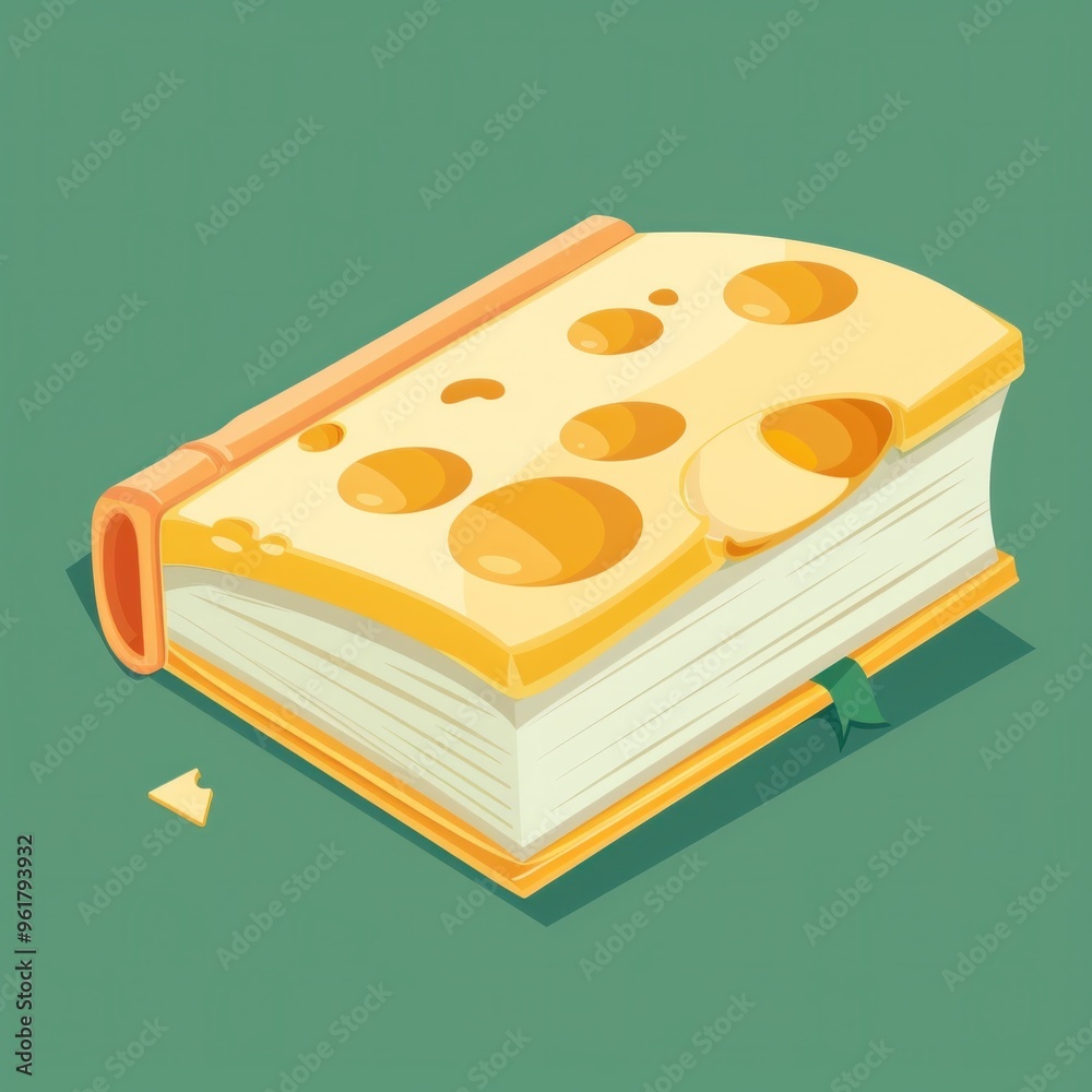A whimsical illustration of a book resembling a slice of cheese, featuring rounded holes, on a solid green background