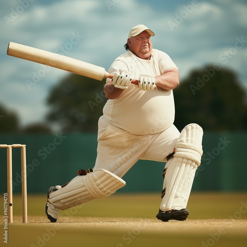 Overweight Cricketer in Action. Overweight cricket player in motion on field, playing, making powerful shot, defying stereotypes photo