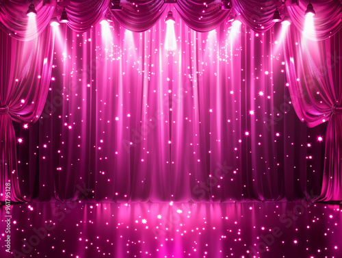 Sparkling pink purple stage backdrop shiny curtains fairy glow spotlights glitzy glamorous theatrical stage event ambiance party backdrop banner background empty copy space