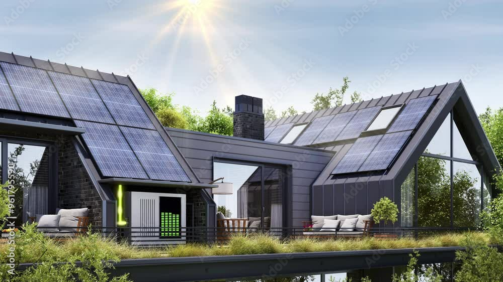 Modern House with Solar Panels and Storage Batteries