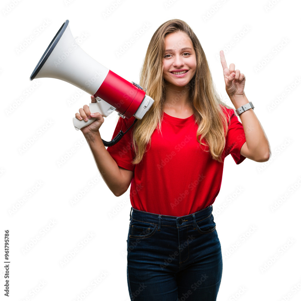 Young beautiful blonde woman yelling through megaphone over isolated background surprised with an idea or question pointing finger with happy face, number one Young beautiful blonde woman yelling through megaphone over isolated background surprised with an idea or question pointing finger with happy face, number one