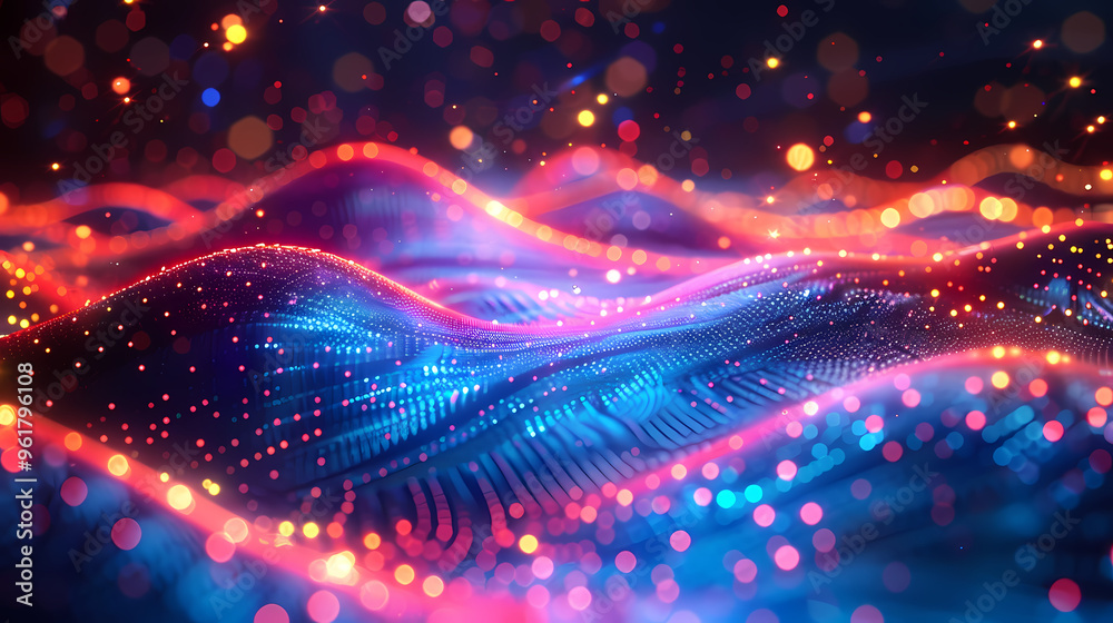 Background design with abstract waves of particles. Abstract wave moving dots flow particles, brochure background design with hi-tech elements and big data Background design with abstract waves of particles. Abstract wave moving dots flow particles, brochure background design with hi-tech elements and big data