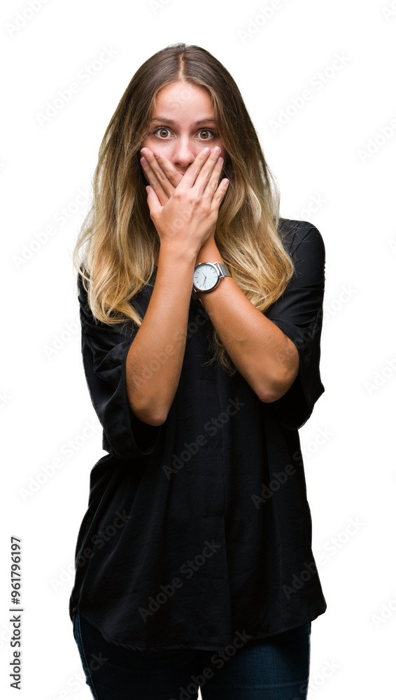 Young beautiful blonde woman over isolated background shocked covering mouth with hands for mistake. Secret concept. Young beautiful blonde woman over isolated background shocked covering mouth with hands for mistake. Secret concept.